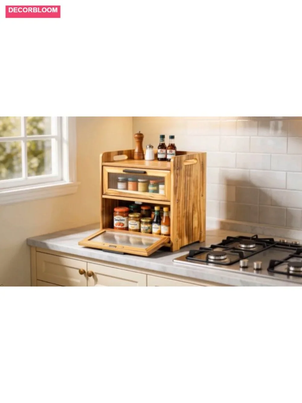 Wooden Bread Box with Cutting Board, Large Pine Kitchen Countertop Storage